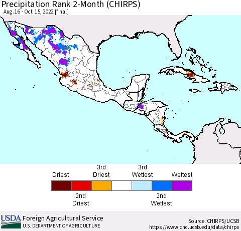 Mexico Central America and the Caribbean Precipitation Rank since 1981, 2-Month (CHIRPS) Thematic Map For 8/16/2022 - 10/15/2022