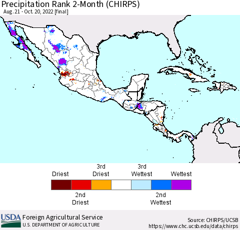 Mexico Central America and the Caribbean Precipitation Rank since 1981, 2-Month (CHIRPS) Thematic Map For 8/21/2022 - 10/20/2022