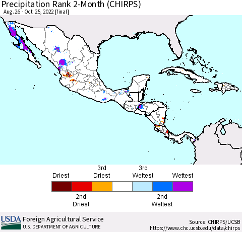 Mexico Central America and the Caribbean Precipitation Rank since 1981, 2-Month (CHIRPS) Thematic Map For 8/26/2022 - 10/25/2022