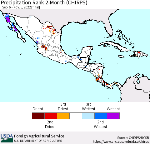 Mexico Central America and the Caribbean Precipitation Rank since 1981, 2-Month (CHIRPS) Thematic Map For 9/6/2022 - 11/5/2022