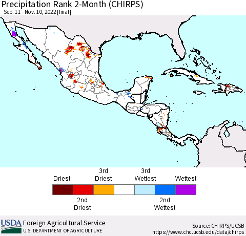 Mexico Central America and the Caribbean Precipitation Rank since 1981, 2-Month (CHIRPS) Thematic Map For 9/11/2022 - 11/10/2022