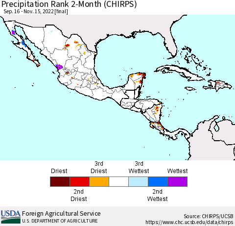 Mexico Central America and the Caribbean Precipitation Rank since 1981, 2-Month (CHIRPS) Thematic Map For 9/16/2022 - 11/15/2022