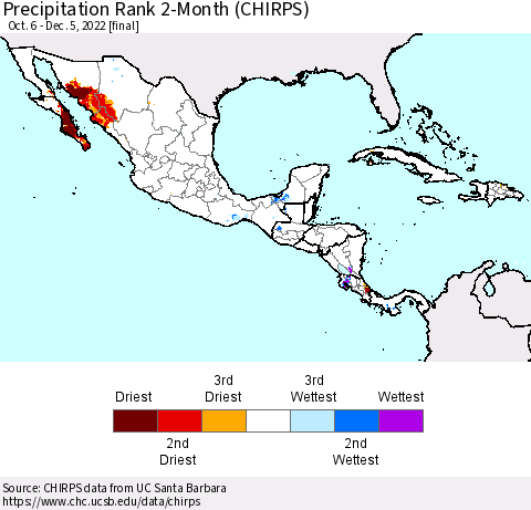 Mexico Central America and the Caribbean Precipitation Rank since 1981, 2-Month (CHIRPS) Thematic Map For 10/6/2022 - 12/5/2022