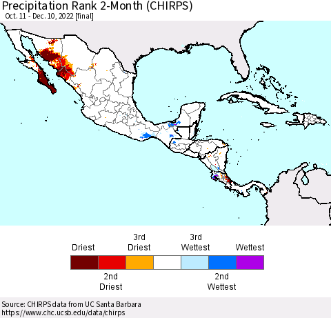 Mexico Central America and the Caribbean Precipitation Rank since 1981, 2-Month (CHIRPS) Thematic Map For 10/11/2022 - 12/10/2022