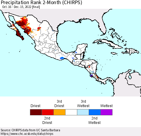 Mexico Central America and the Caribbean Precipitation Rank since 1981, 2-Month (CHIRPS) Thematic Map For 10/16/2022 - 12/15/2022