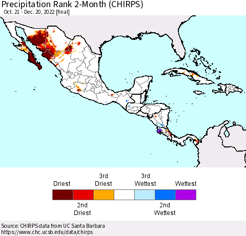 Mexico Central America and the Caribbean Precipitation Rank since 1981, 2-Month (CHIRPS) Thematic Map For 10/21/2022 - 12/20/2022