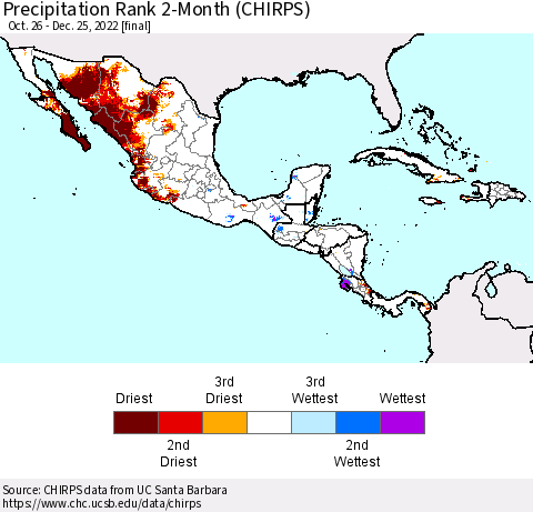 Mexico Central America and the Caribbean Precipitation Rank since 1981, 2-Month (CHIRPS) Thematic Map For 10/26/2022 - 12/25/2022