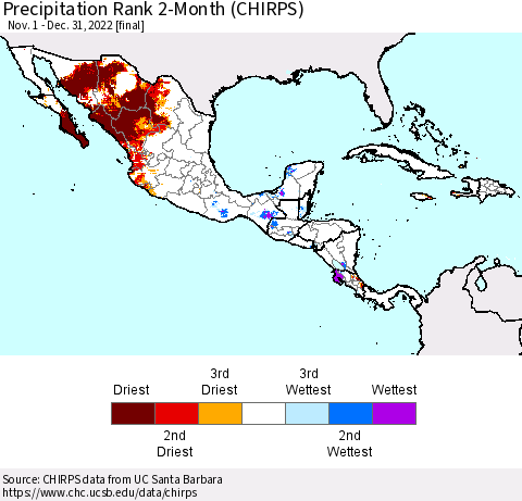 Mexico Central America and the Caribbean Precipitation Rank since 1981, 2-Month (CHIRPS) Thematic Map For 11/1/2022 - 12/31/2022