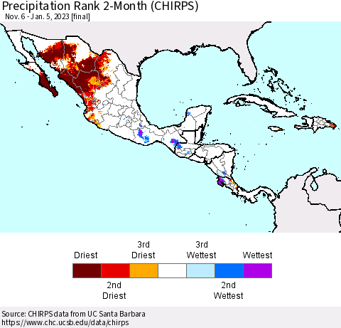 Mexico Central America and the Caribbean Precipitation Rank since 1981, 2-Month (CHIRPS) Thematic Map For 11/6/2022 - 1/5/2023