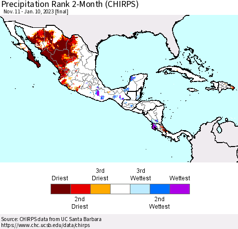 Mexico Central America and the Caribbean Precipitation Rank since 1981, 2-Month (CHIRPS) Thematic Map For 11/11/2022 - 1/10/2023
