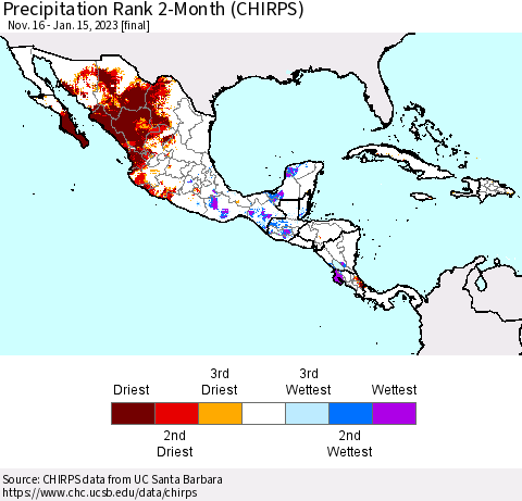 Mexico Central America and the Caribbean Precipitation Rank since 1981, 2-Month (CHIRPS) Thematic Map For 11/16/2022 - 1/15/2023