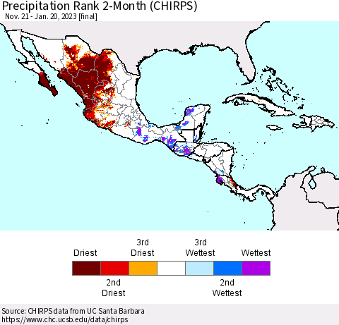 Mexico Central America and the Caribbean Precipitation Rank since 1981, 2-Month (CHIRPS) Thematic Map For 11/21/2022 - 1/20/2023