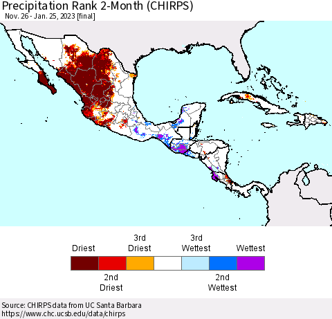 Mexico Central America and the Caribbean Precipitation Rank since 1981, 2-Month (CHIRPS) Thematic Map For 11/26/2022 - 1/25/2023