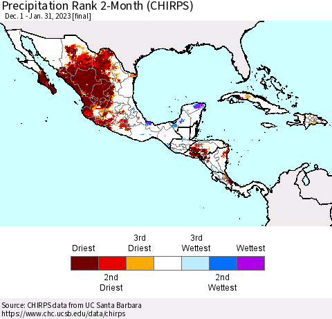 Mexico Central America and the Caribbean Precipitation Rank since 1981, 2-Month (CHIRPS) Thematic Map For 12/1/2022 - 1/31/2023