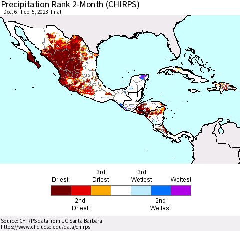 Mexico Central America and the Caribbean Precipitation Rank since 1981, 2-Month (CHIRPS) Thematic Map For 12/6/2022 - 2/5/2023
