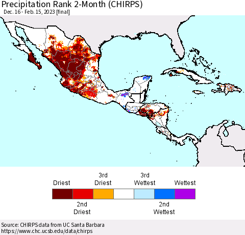 Mexico Central America and the Caribbean Precipitation Rank since 1981, 2-Month (CHIRPS) Thematic Map For 12/16/2022 - 2/15/2023