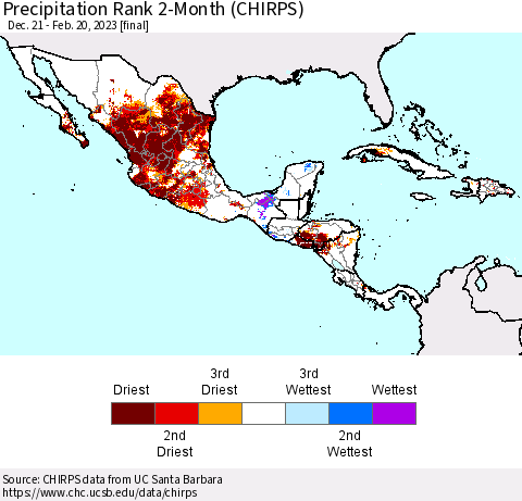 Mexico Central America and the Caribbean Precipitation Rank since 1981, 2-Month (CHIRPS) Thematic Map For 12/21/2022 - 2/20/2023