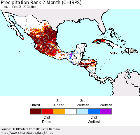 Mexico Central America and the Caribbean Precipitation Rank since 1981, 2-Month (CHIRPS) Thematic Map For 1/1/2023 - 2/28/2023