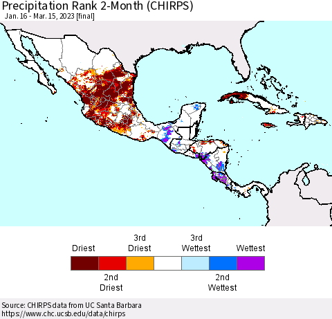 Mexico Central America and the Caribbean Precipitation Rank since 1981, 2-Month (CHIRPS) Thematic Map For 1/16/2023 - 3/15/2023