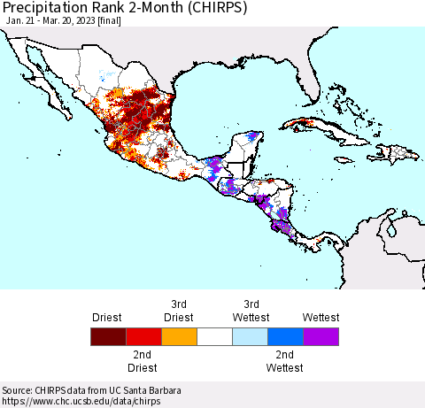 Mexico Central America and the Caribbean Precipitation Rank since 1981, 2-Month (CHIRPS) Thematic Map For 1/21/2023 - 3/20/2023