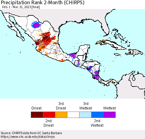 Mexico Central America and the Caribbean Precipitation Rank since 1981, 2-Month (CHIRPS) Thematic Map For 2/1/2023 - 3/31/2023