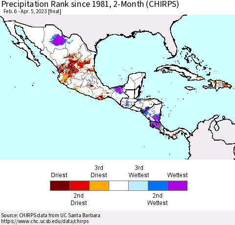 Mexico Central America and the Caribbean Precipitation Rank since 1981, 2-Month (CHIRPS) Thematic Map For 2/6/2023 - 4/5/2023