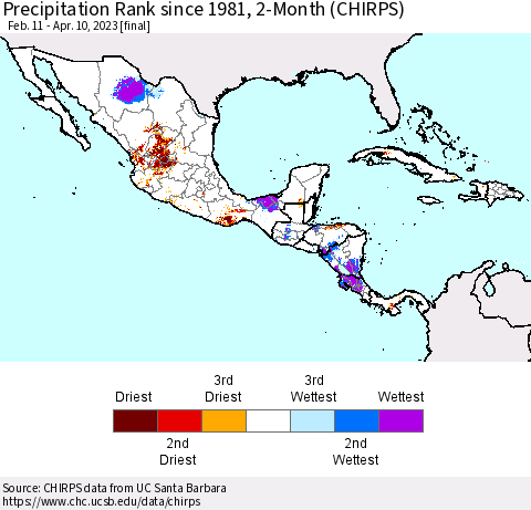 Mexico Central America and the Caribbean Precipitation Rank since 1981, 2-Month (CHIRPS) Thematic Map For 2/11/2023 - 4/10/2023