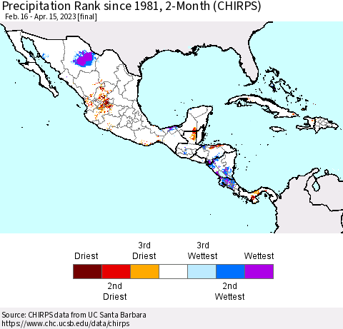 Mexico Central America and the Caribbean Precipitation Rank since 1981, 2-Month (CHIRPS) Thematic Map For 2/16/2023 - 4/15/2023