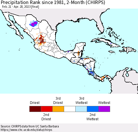 Mexico Central America and the Caribbean Precipitation Rank since 1981, 2-Month (CHIRPS) Thematic Map For 2/21/2023 - 4/20/2023