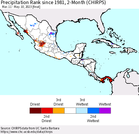 Mexico Central America and the Caribbean Precipitation Rank since 1981, 2-Month (CHIRPS) Thematic Map For 3/11/2023 - 5/10/2023