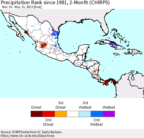 Mexico Central America and the Caribbean Precipitation Rank since 1981, 2-Month (CHIRPS) Thematic Map For 3/16/2023 - 5/15/2023