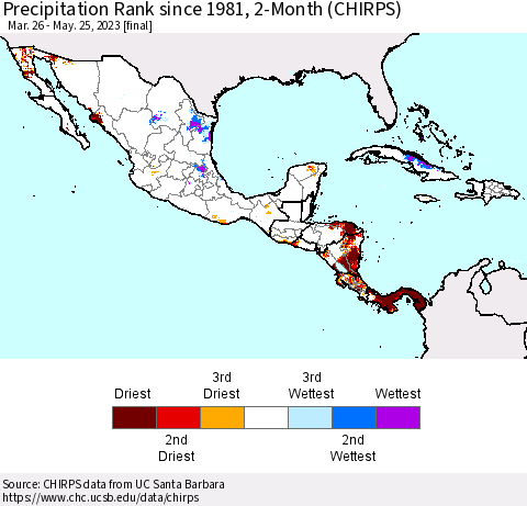 Mexico Central America and the Caribbean Precipitation Rank since 1981, 2-Month (CHIRPS) Thematic Map For 3/26/2023 - 5/25/2023