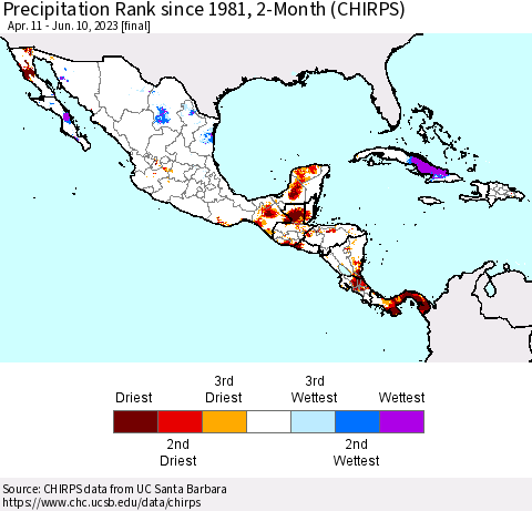 Mexico Central America and the Caribbean Precipitation Rank since 1981, 2-Month (CHIRPS) Thematic Map For 4/11/2023 - 6/10/2023