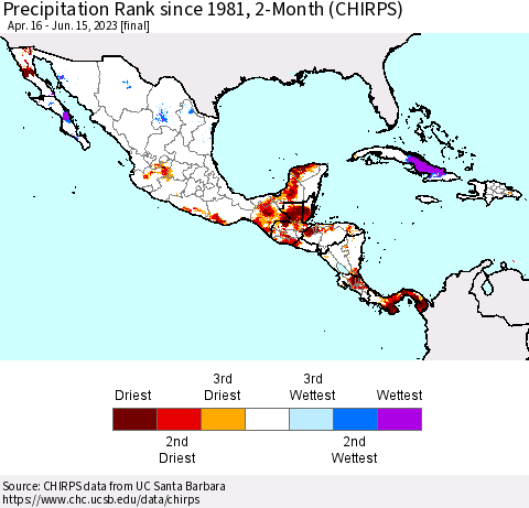 Mexico Central America and the Caribbean Precipitation Rank since 1981, 2-Month (CHIRPS) Thematic Map For 4/16/2023 - 6/15/2023