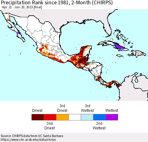 Mexico Central America and the Caribbean Precipitation Rank since 1981, 2-Month (CHIRPS) Thematic Map For 4/21/2023 - 6/20/2023