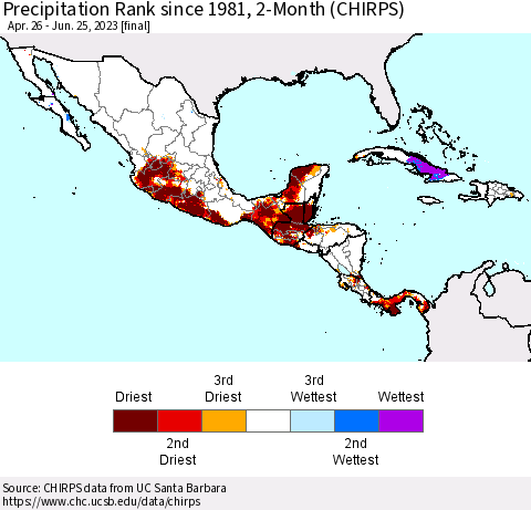 Mexico Central America and the Caribbean Precipitation Rank since 1981, 2-Month (CHIRPS) Thematic Map For 4/26/2023 - 6/25/2023