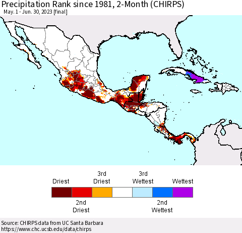 Mexico Central America and the Caribbean Precipitation Rank since 1981, 2-Month (CHIRPS) Thematic Map For 5/1/2023 - 6/30/2023
