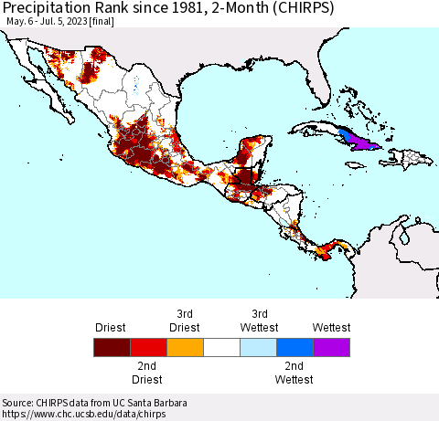 Mexico Central America and the Caribbean Precipitation Rank since 1981, 2-Month (CHIRPS) Thematic Map For 5/6/2023 - 7/5/2023