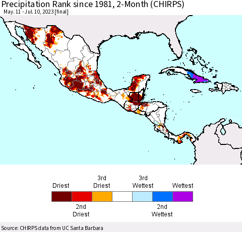 Mexico Central America and the Caribbean Precipitation Rank since 1981, 2-Month (CHIRPS) Thematic Map For 5/11/2023 - 7/10/2023