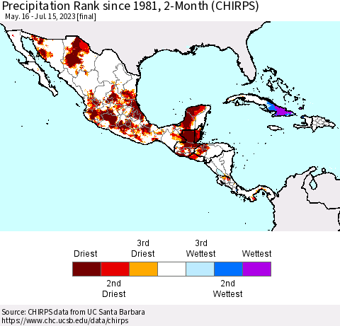 Mexico Central America and the Caribbean Precipitation Rank since 1981, 2-Month (CHIRPS) Thematic Map For 5/16/2023 - 7/15/2023