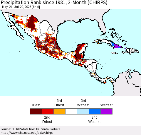 Mexico Central America and the Caribbean Precipitation Rank since 1981, 2-Month (CHIRPS) Thematic Map For 5/21/2023 - 7/20/2023