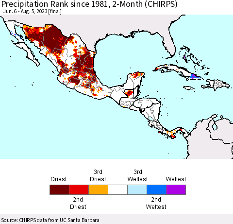 Mexico Central America and the Caribbean Precipitation Rank since 1981, 2-Month (CHIRPS) Thematic Map For 6/6/2023 - 8/5/2023