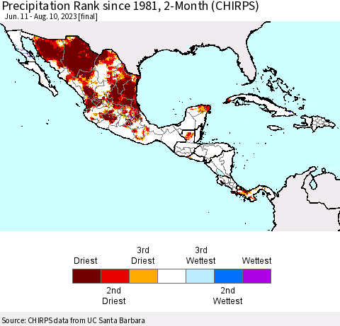 Mexico Central America and the Caribbean Precipitation Rank since 1981, 2-Month (CHIRPS) Thematic Map For 6/11/2023 - 8/10/2023