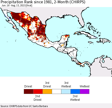 Mexico Central America and the Caribbean Precipitation Rank since 1981, 2-Month (CHIRPS) Thematic Map For 6/16/2023 - 8/15/2023
