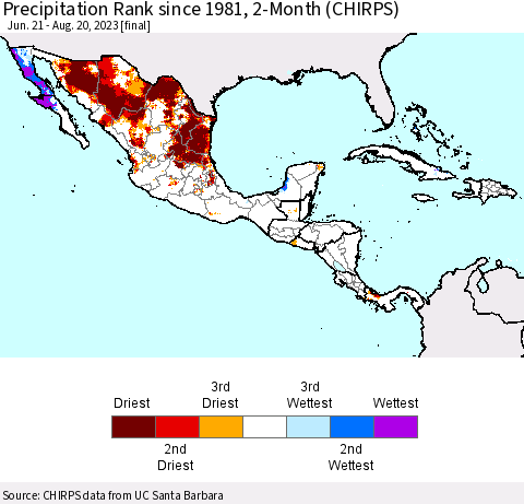 Mexico Central America and the Caribbean Precipitation Rank since 1981, 2-Month (CHIRPS) Thematic Map For 6/21/2023 - 8/20/2023