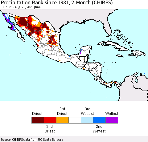 Mexico Central America and the Caribbean Precipitation Rank since 1981, 2-Month (CHIRPS) Thematic Map For 6/26/2023 - 8/25/2023