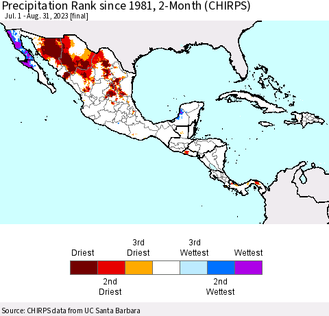 Mexico Central America and the Caribbean Precipitation Rank since 1981, 2-Month (CHIRPS) Thematic Map For 7/1/2023 - 8/31/2023