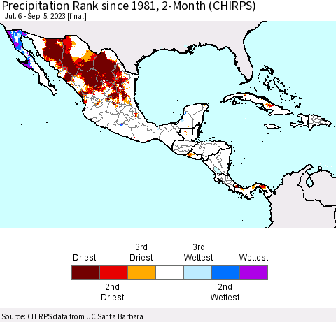 Mexico Central America and the Caribbean Precipitation Rank since 1981, 2-Month (CHIRPS) Thematic Map For 7/6/2023 - 9/5/2023
