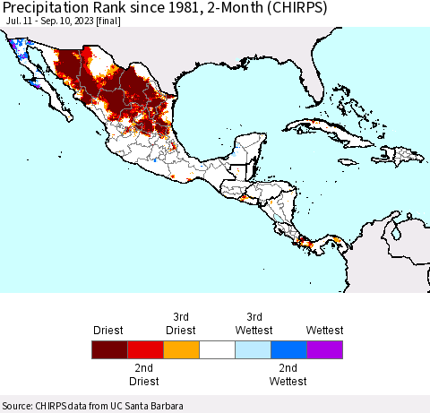 Mexico Central America and the Caribbean Precipitation Rank since 1981, 2-Month (CHIRPS) Thematic Map For 7/11/2023 - 9/10/2023