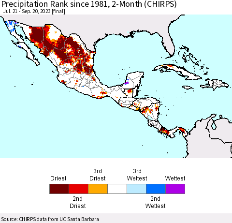 Mexico Central America and the Caribbean Precipitation Rank since 1981, 2-Month (CHIRPS) Thematic Map For 7/21/2023 - 9/20/2023